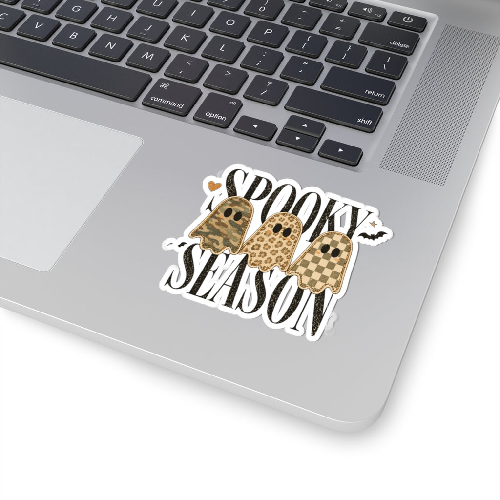 Spooky Season Ghosts Kiss-Cut Sticker — Neutral Camo & Checker Pattern Halloween Decal