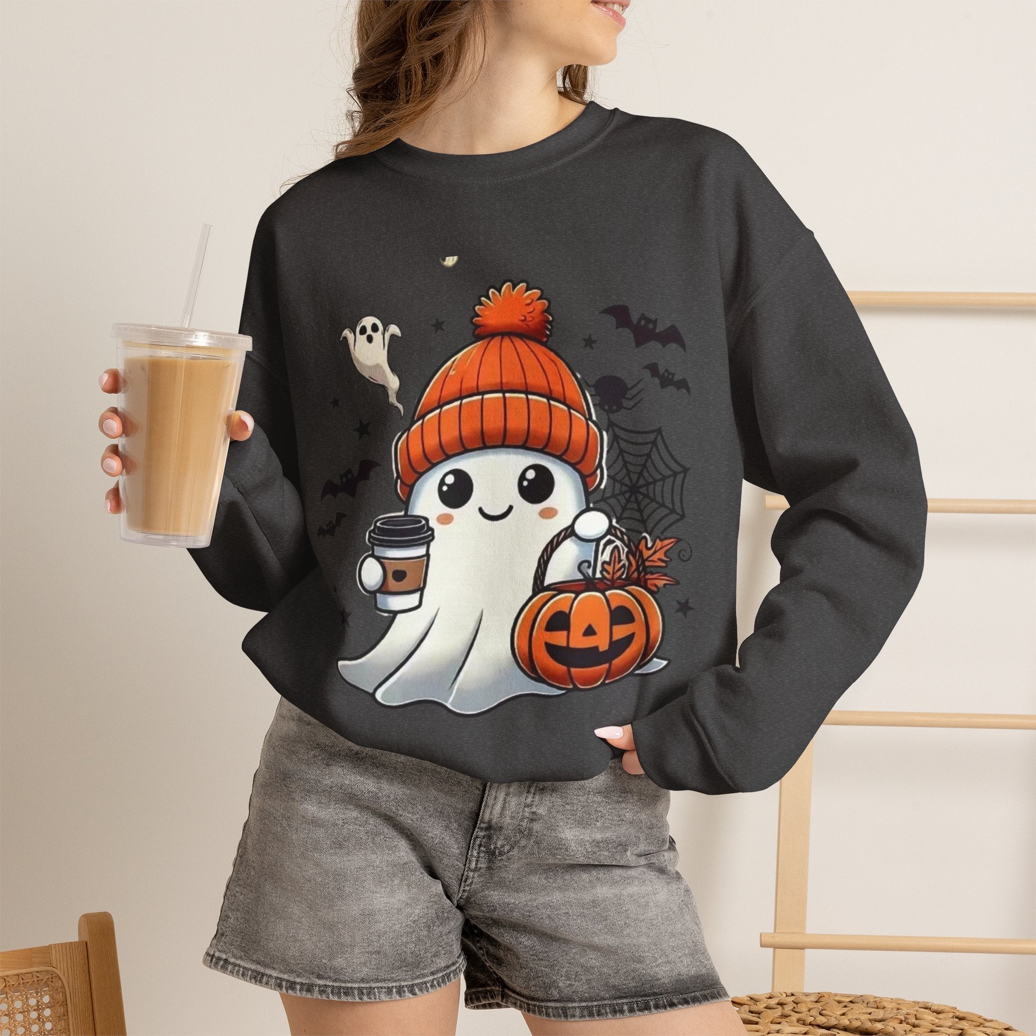 Cute Halloween Ghost Sweatshirt — Pumpkin, Bats & Coffee Graphic Crewneck