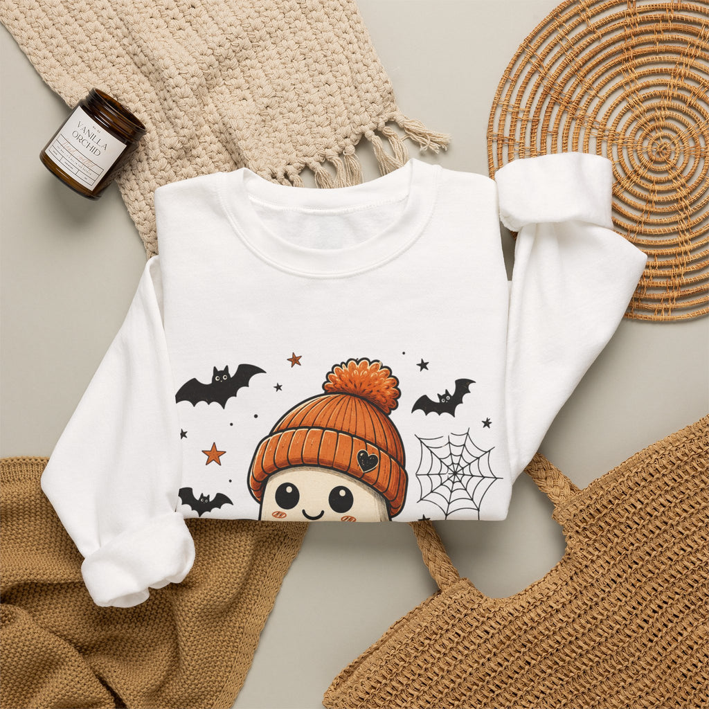 Halloween Ghost Sweatshirt — Cute Ghost with Pumpkin, Black Cat & Coffee