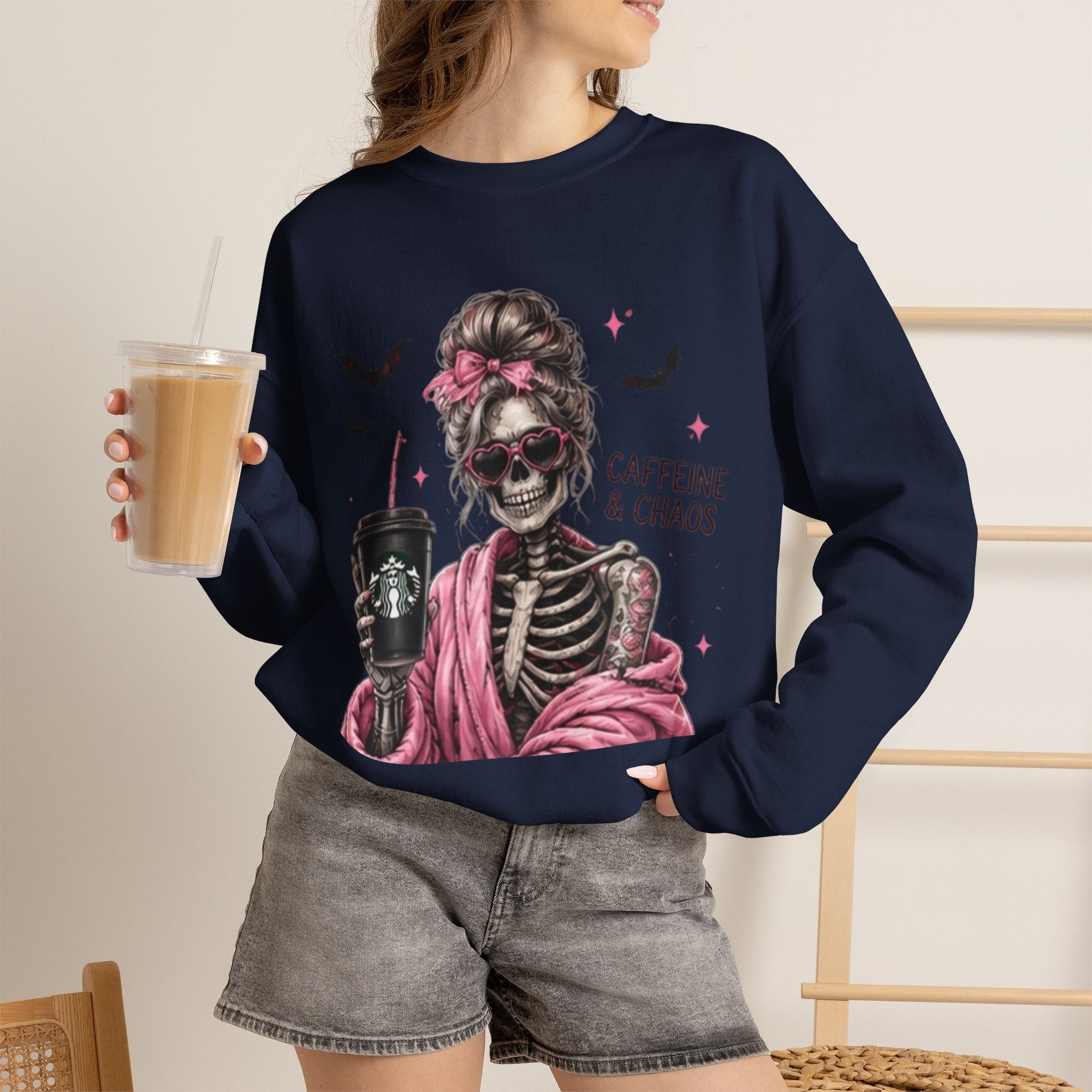 Caffeine & Chaos Skeleton Sweatshirt — Coffee Lover Goth Crewneck