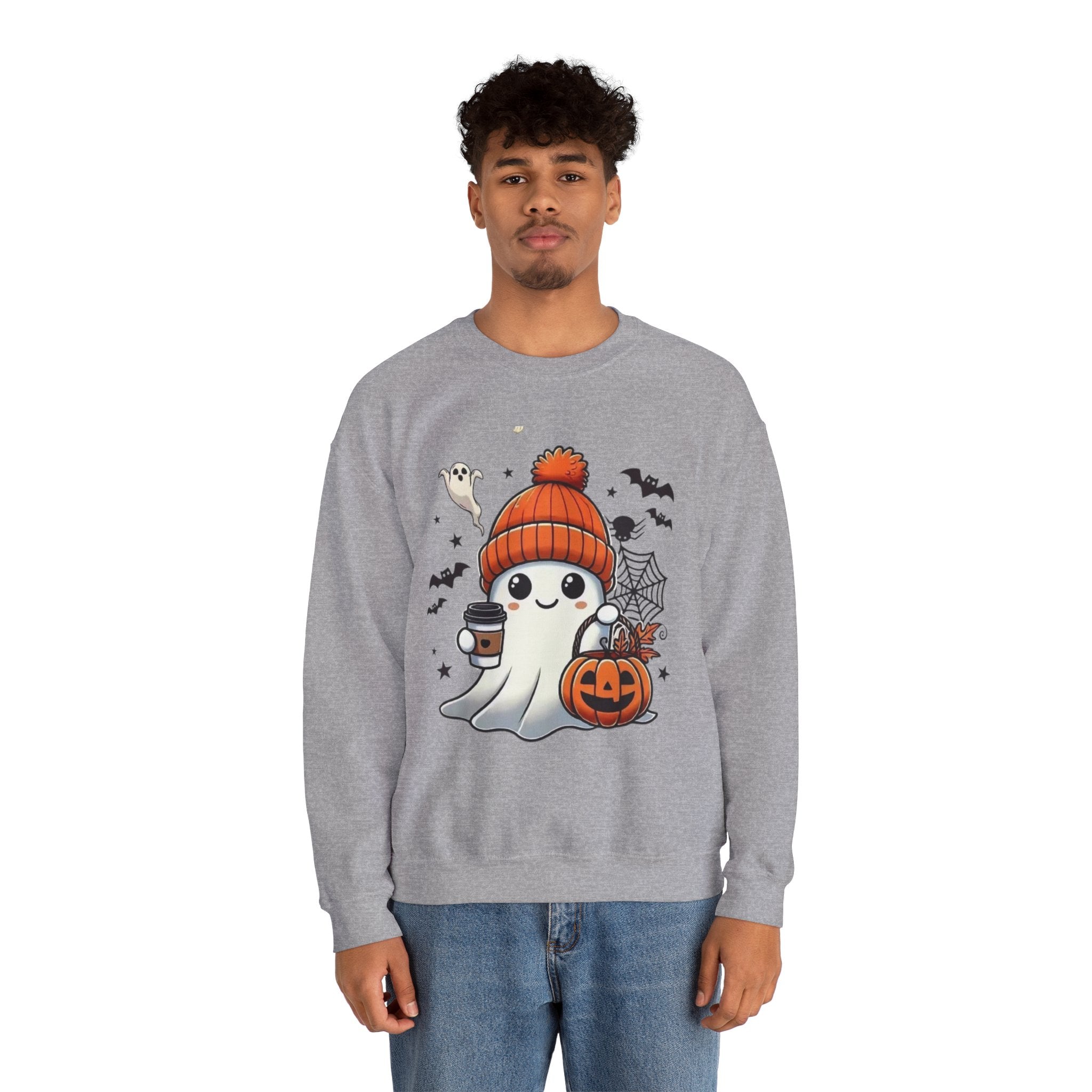 Cute Halloween Ghost Sweatshirt — Pumpkin, Bats & Coffee Graphic Crewneck