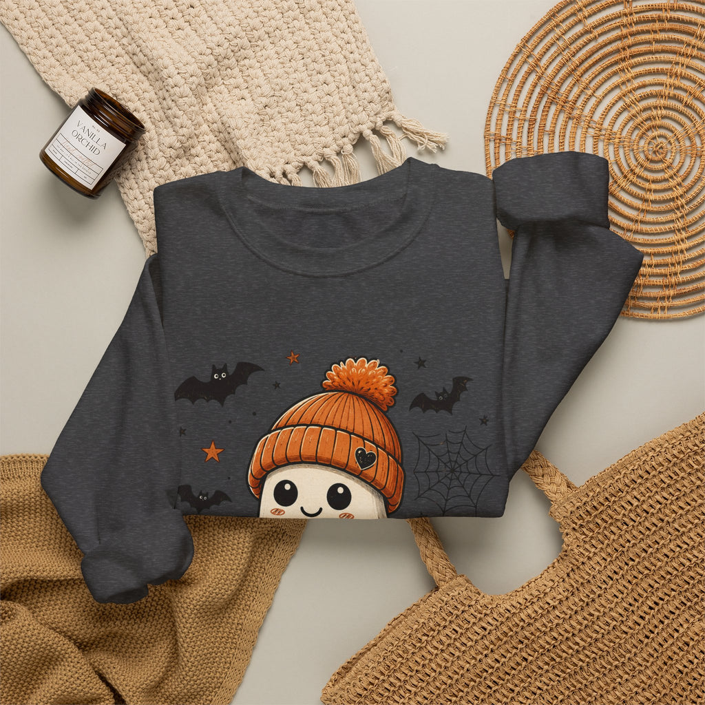Halloween Ghost Sweatshirt — Cute Ghost with Pumpkin, Cat & Coffee