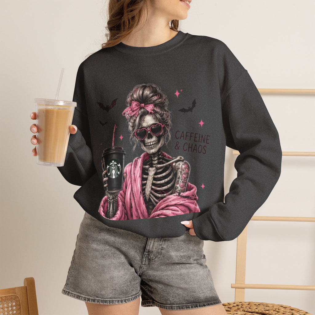 Caffeine & Chaos Skeleton Sweatshirt — Coffee Lover Goth Crewneck