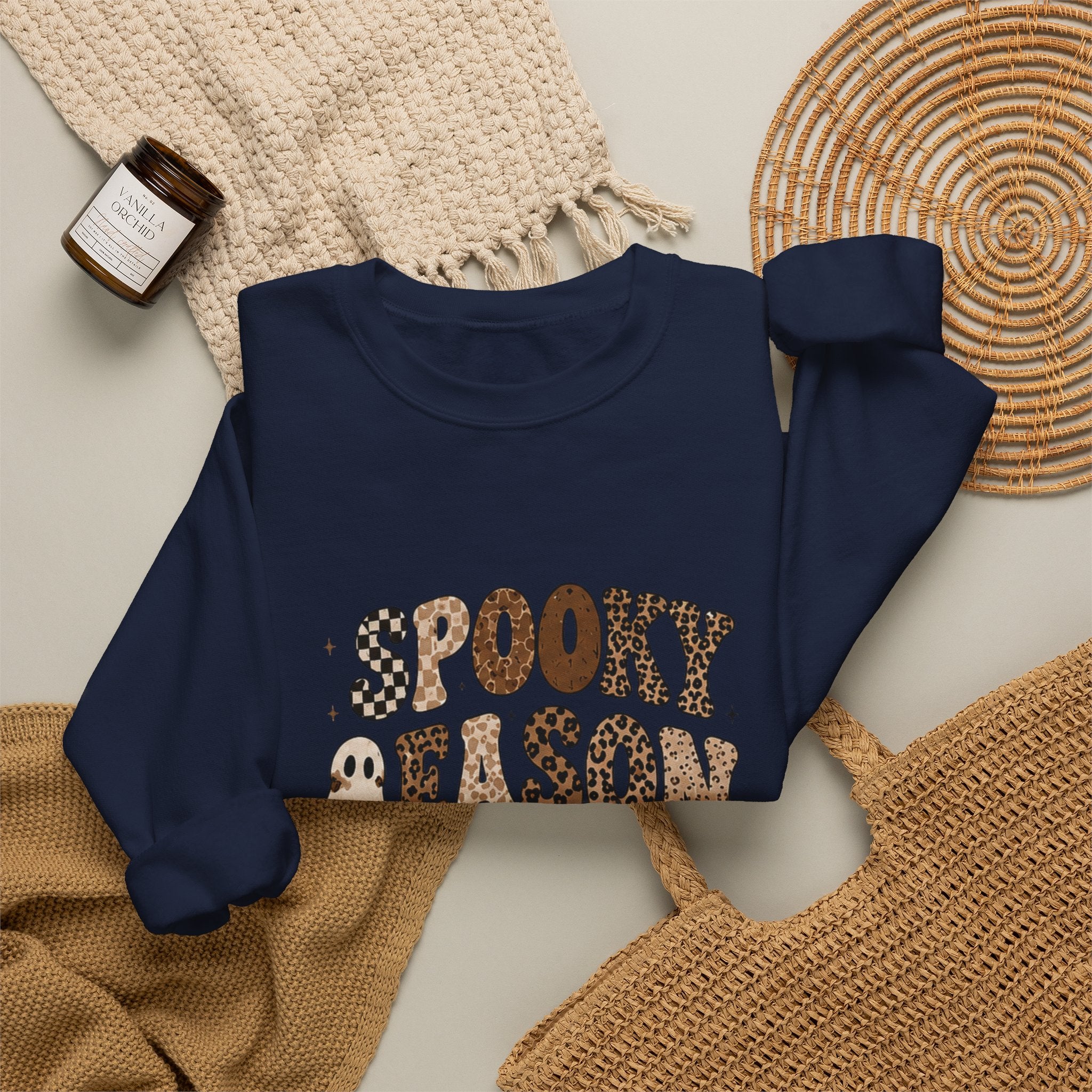 Spooky Nelson Crewneck Sweatshirt — Cute Halloween Ghost & Leopard Print Design