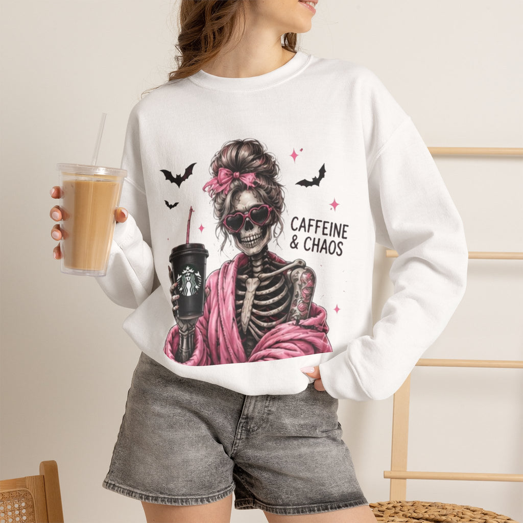 Caffeine & Chaos Skeleton Sweatshirt — Coffee Lover Goth Crewneck