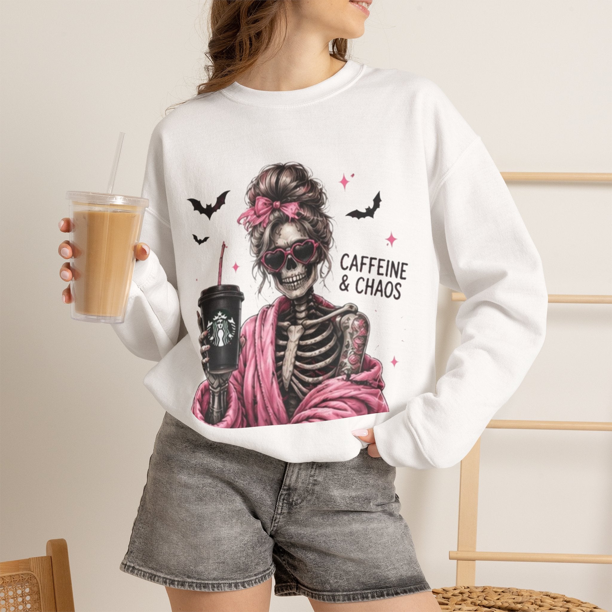 Caffeine & Chaos Skeleton Sweatshirt — Coffee Lover Goth Crewneck