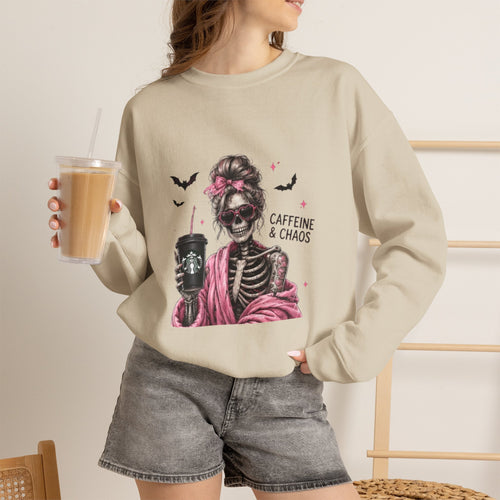 Caffeine & Chaos Skeleton Sweatshirt — Coffee Lover Goth Crewneck