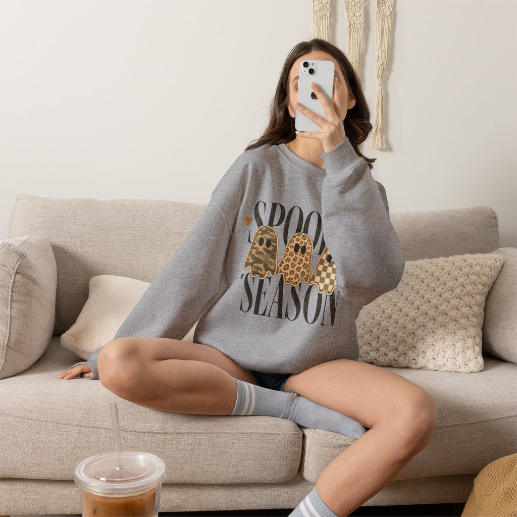 Spooky Season Crewneck Sweatshirt — Leopard Ghosts Halloween Pullover