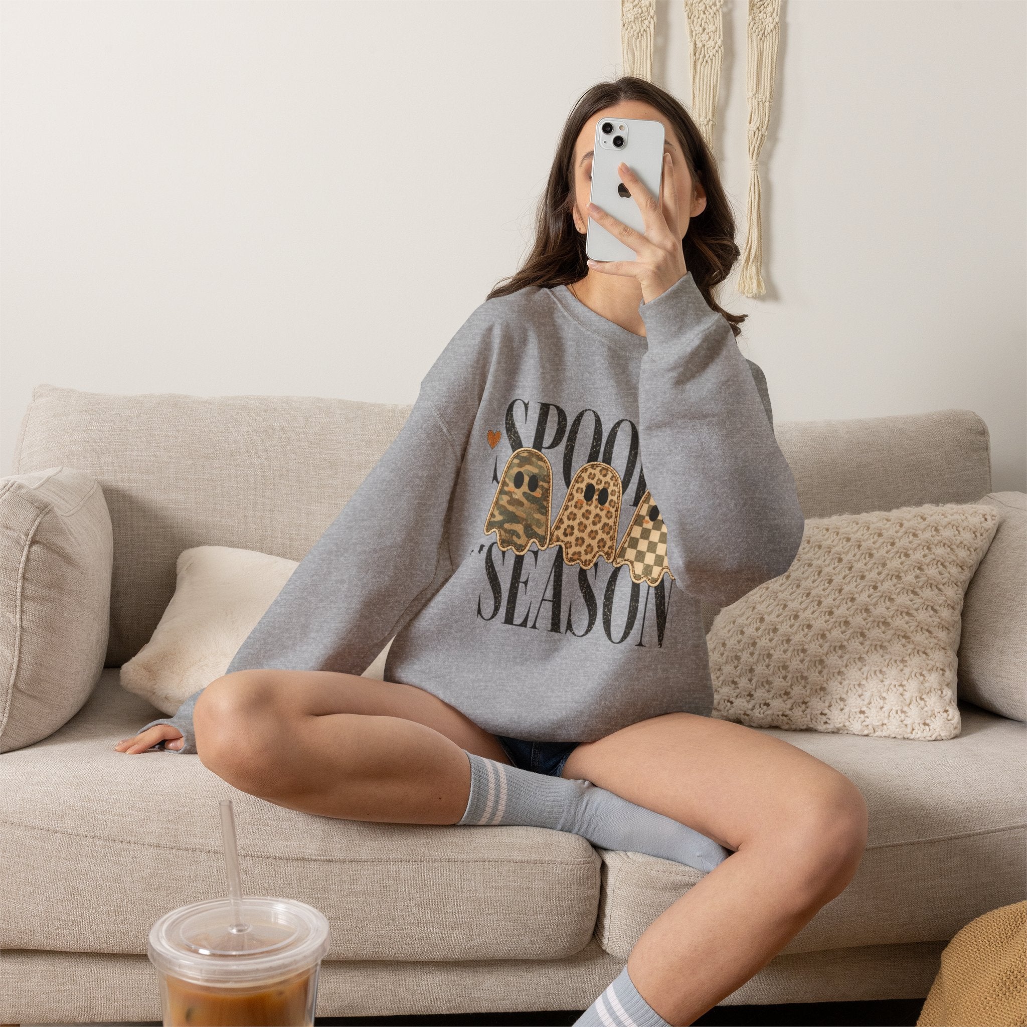 Spooky Season Crewneck Sweatshirt — Leopard Ghosts Halloween Pullover