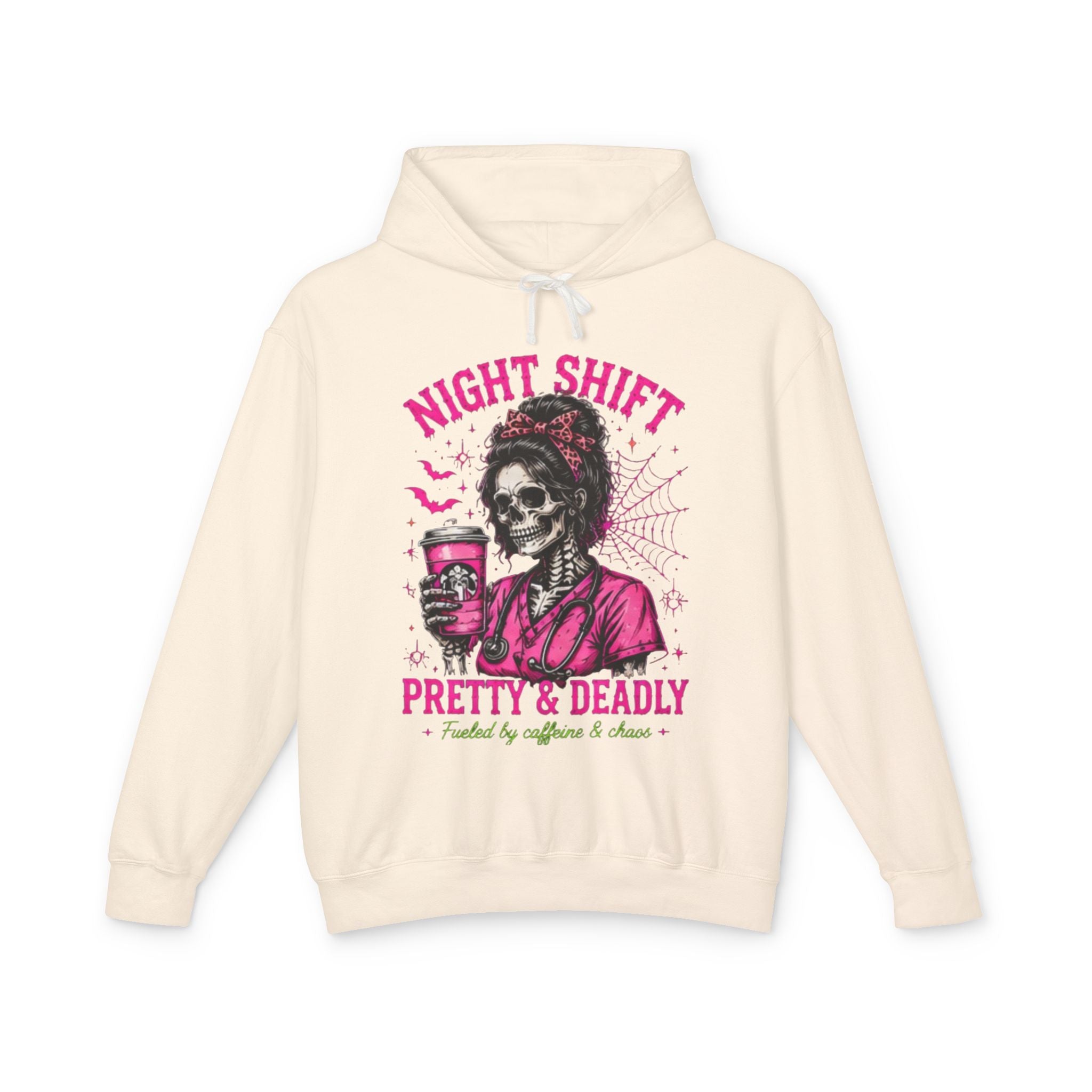 Night Shift Hoodie — "Pretty & Deadly" Skeleton Nurse Coffee Hooded Sweatshirt