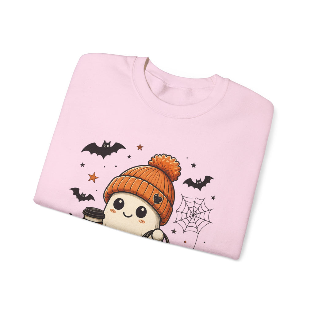 Halloween Ghost Sweatshirt — Cute Ghost with Pumpkin, Cat & Coffee