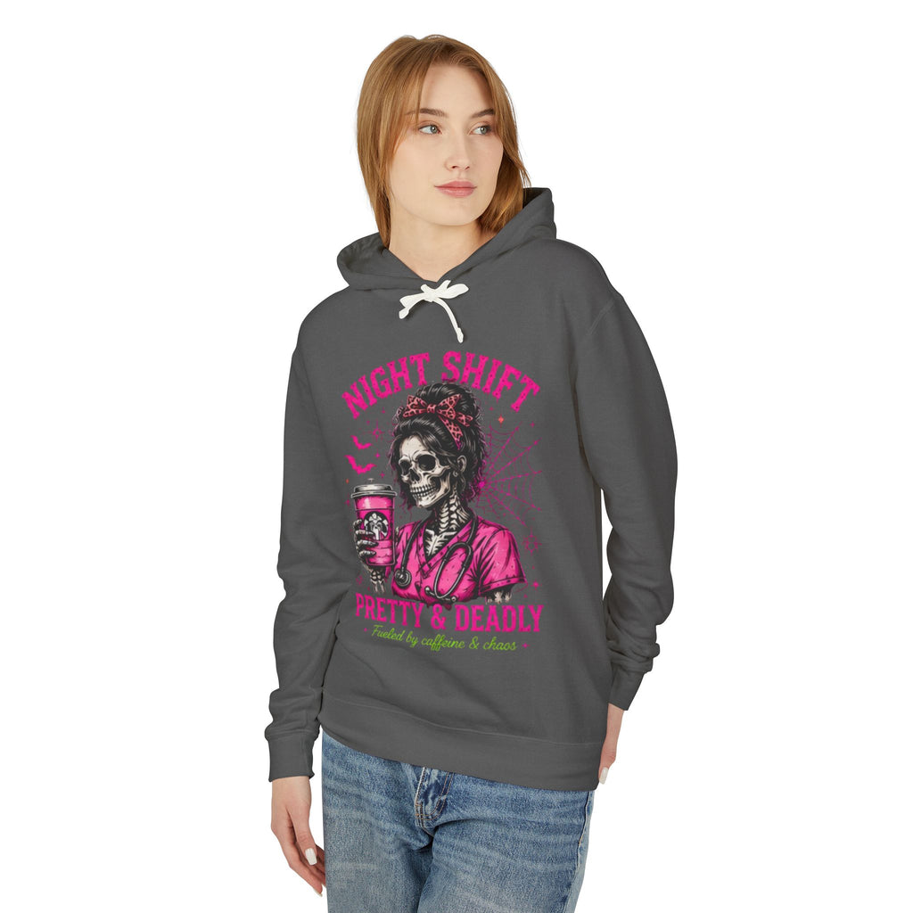Night Shift Hoodie — "Pretty & Deadly" Skeleton Nurse Coffee Hooded Sweatshirt