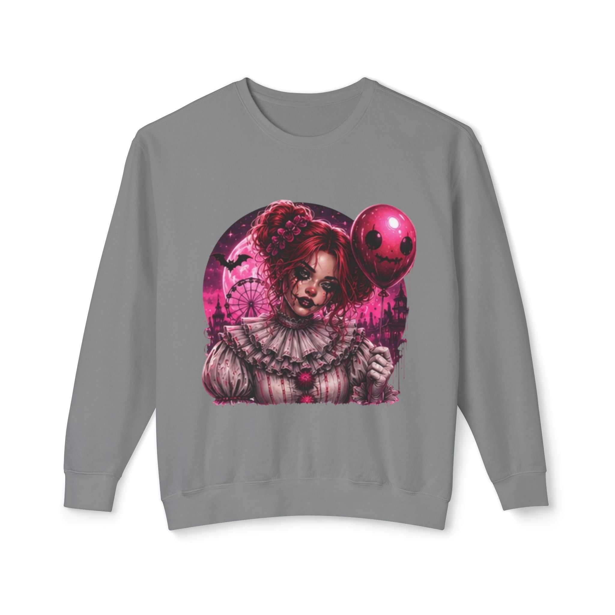 Creepy Clown Portrait Sweatshirt — Gothic Pink Horror Crewneck