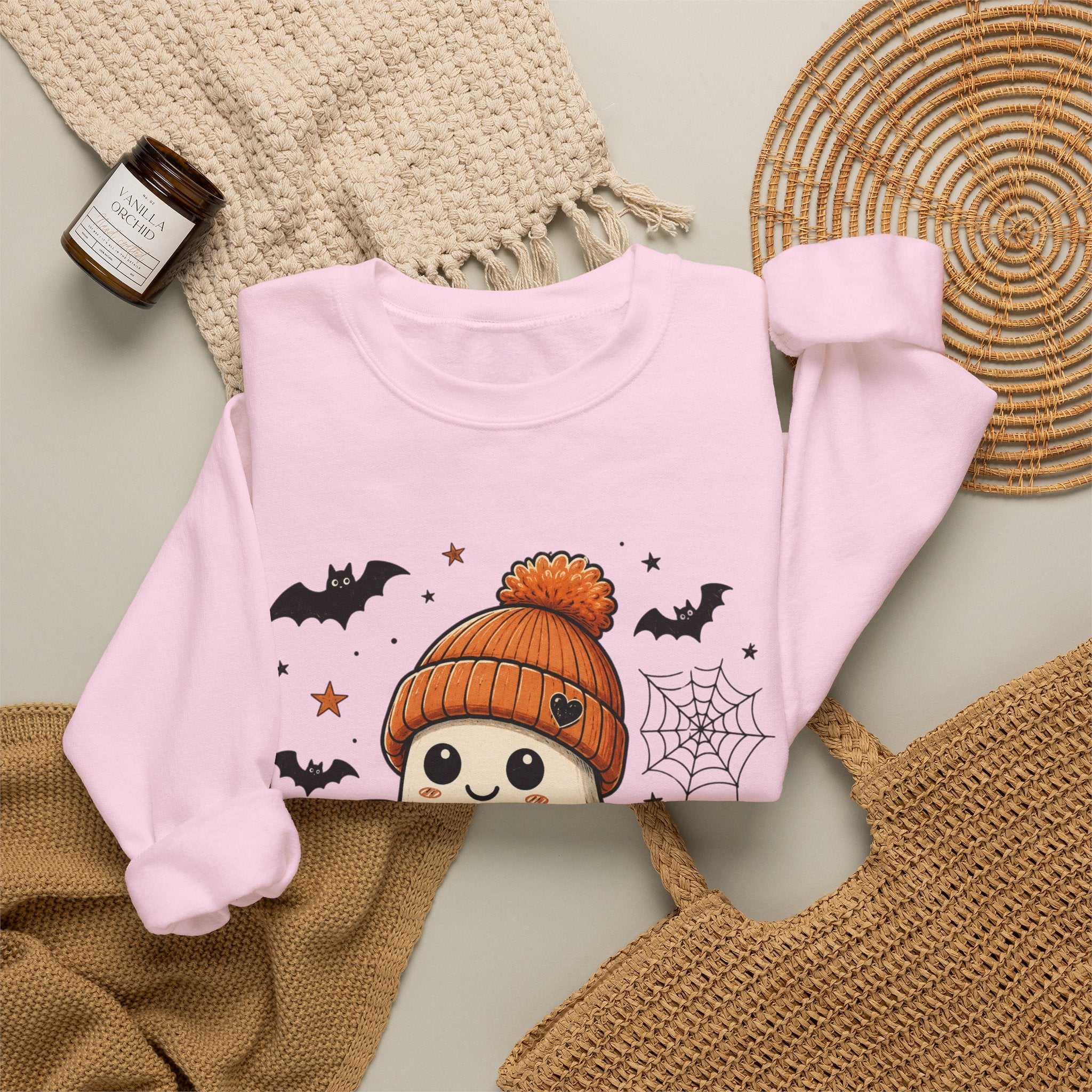 Halloween Ghost Sweatshirt — Cute Ghost with Pumpkin, Cat & Coffee