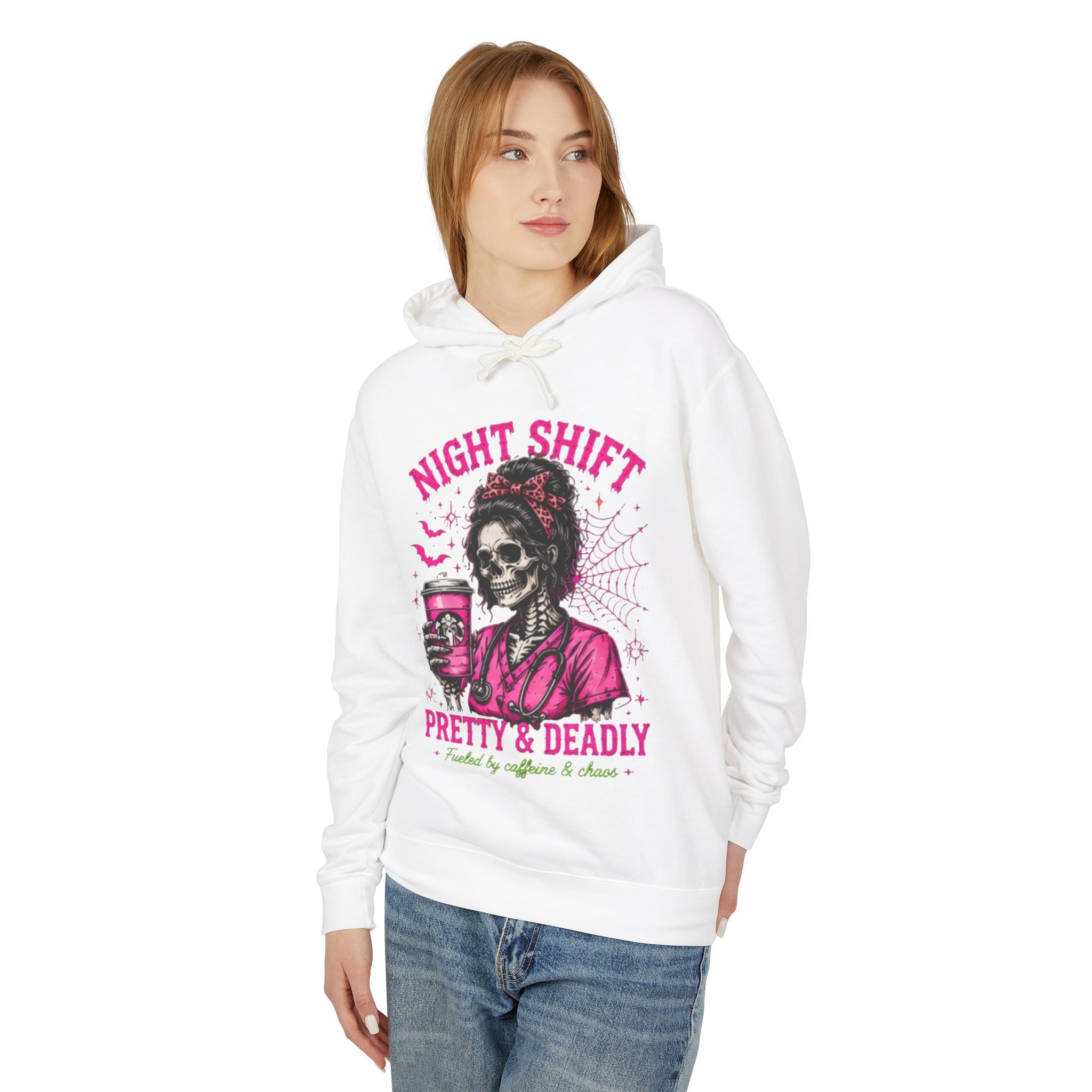 Night Shift Hoodie — "Pretty & Deadly" Skeleton Nurse Coffee Hooded Sweatshirt