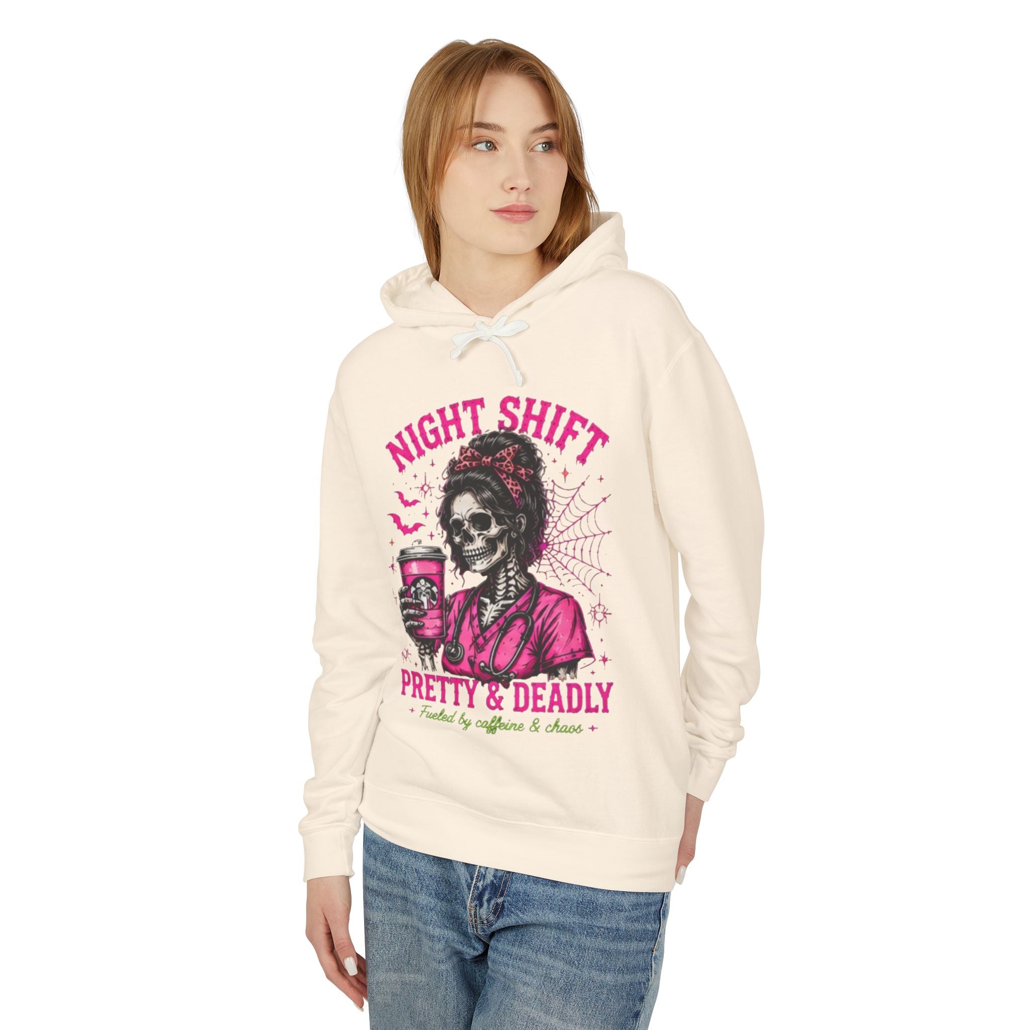 Night Shift Hoodie — "Pretty & Deadly" Skeleton Nurse Coffee Hooded Sweatshirt
