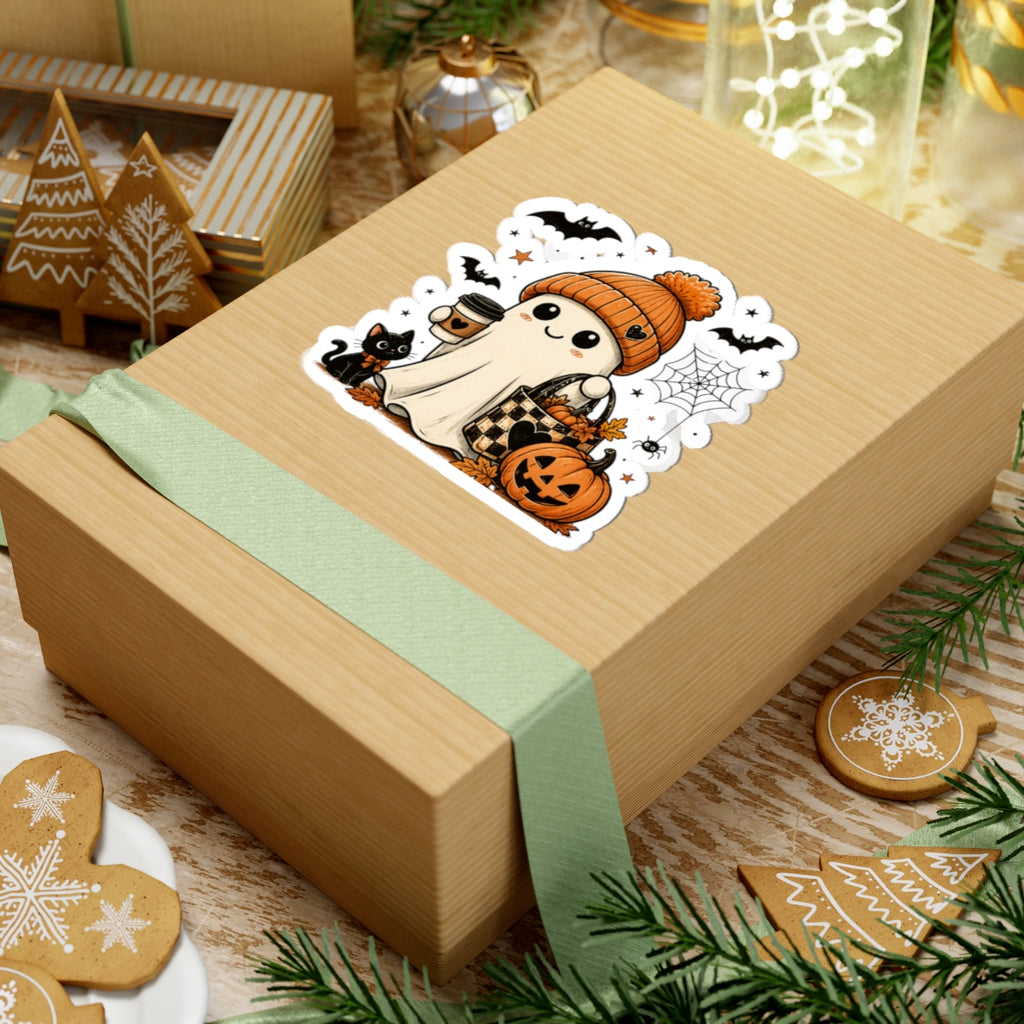 Halloween Ghost Sticker — Cute Autumn Pumpkin, Black Cat & Coffee Kiss-Cut Sticker