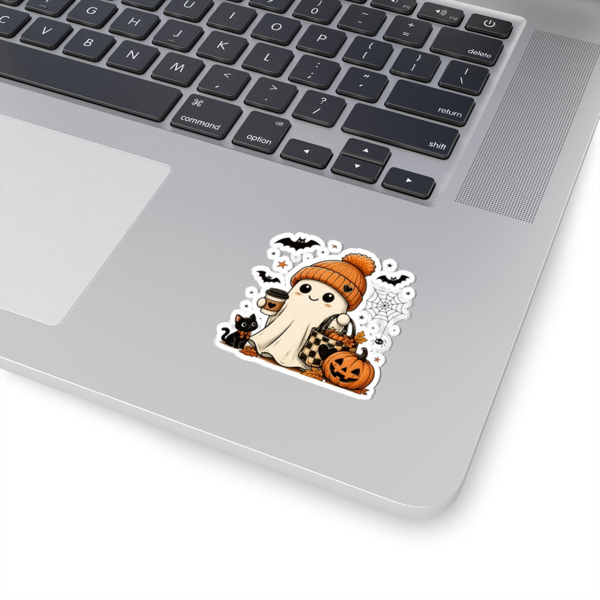 Halloween Ghost Sticker — Cute Autumn Pumpkin, Black Cat & Coffee Kiss-Cut Sticker