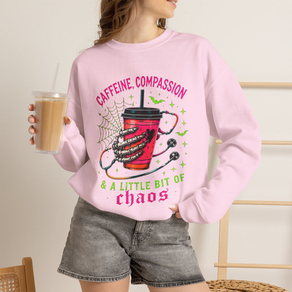 Caffeine, Compassion & A Little Bit of Chaos Crewneck Sweatshirt