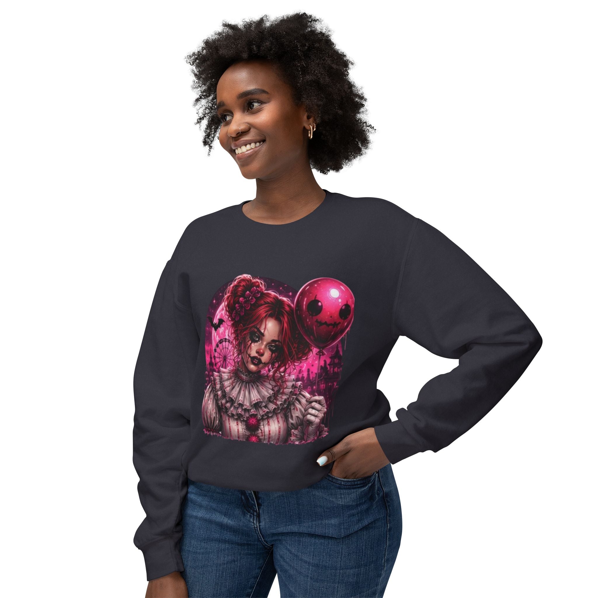 Creepy Clown Portrait Sweatshirt — Gothic Pink Horror Crewneck