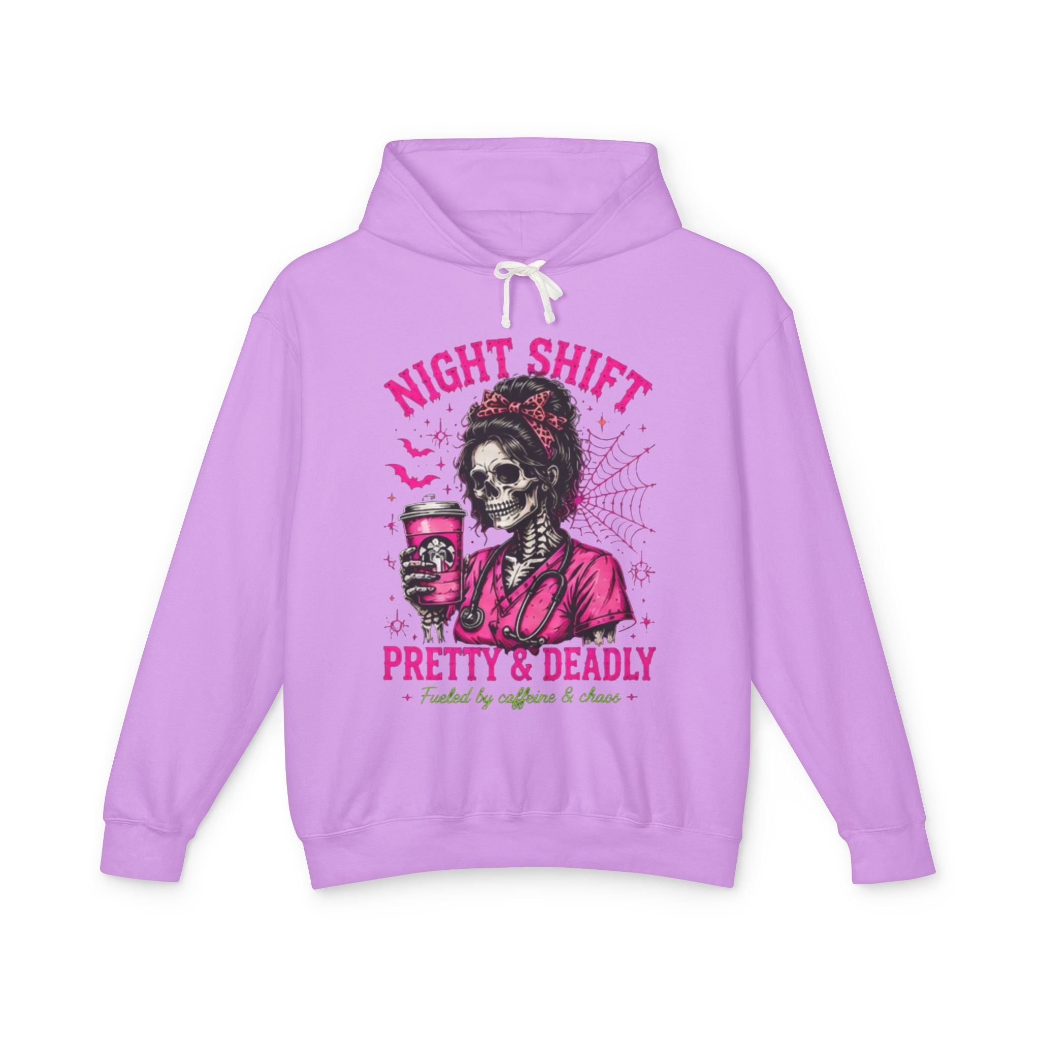 Night Shift Hoodie — "Pretty & Deadly" Skeleton Nurse Coffee Hooded Sweatshirt