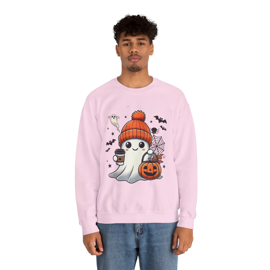 Cute Halloween Ghost Sweatshirt — Pumpkin, Bats & Coffee Graphic Crewneck