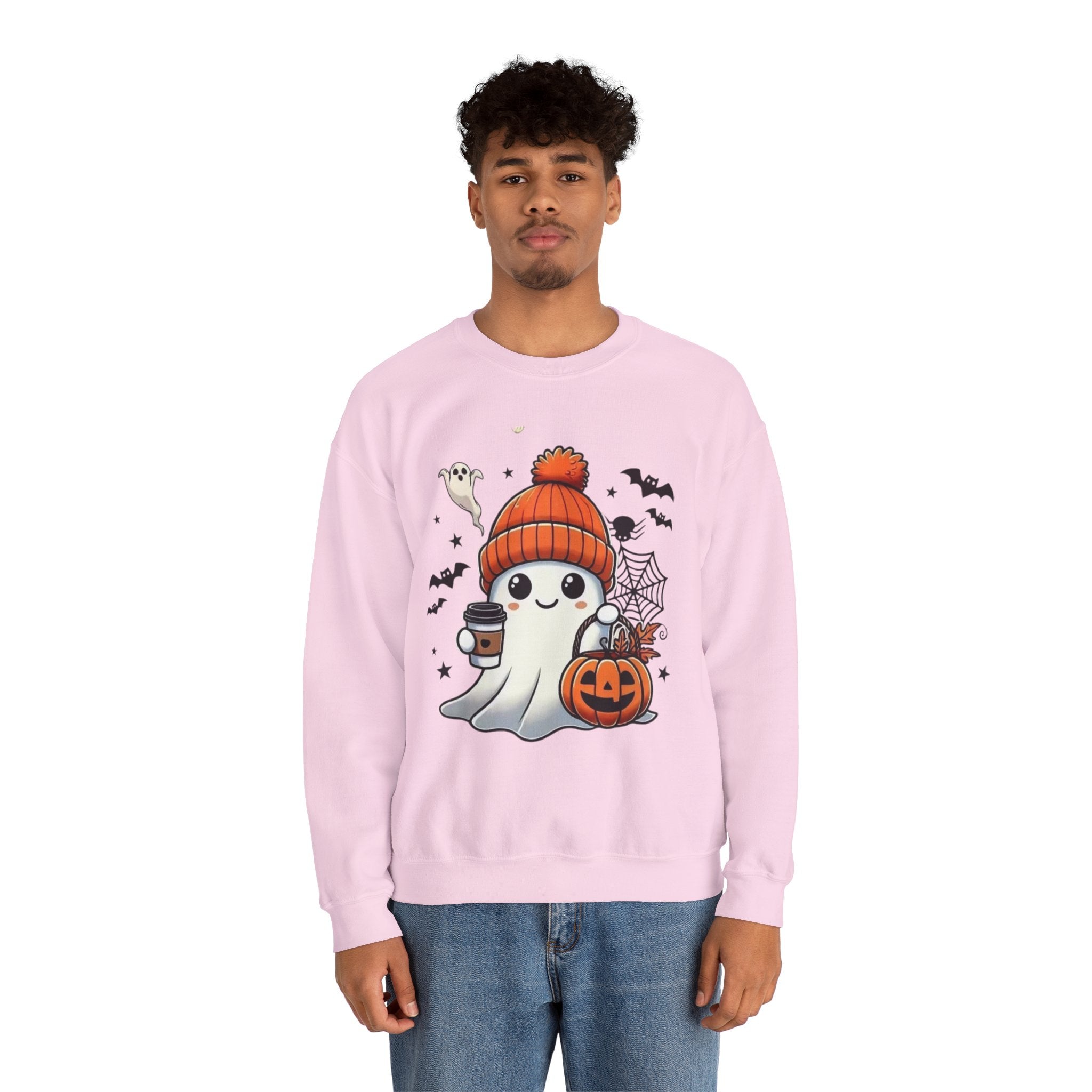 Cute Halloween Ghost Sweatshirt — Pumpkin, Bats & Coffee Graphic Crewneck