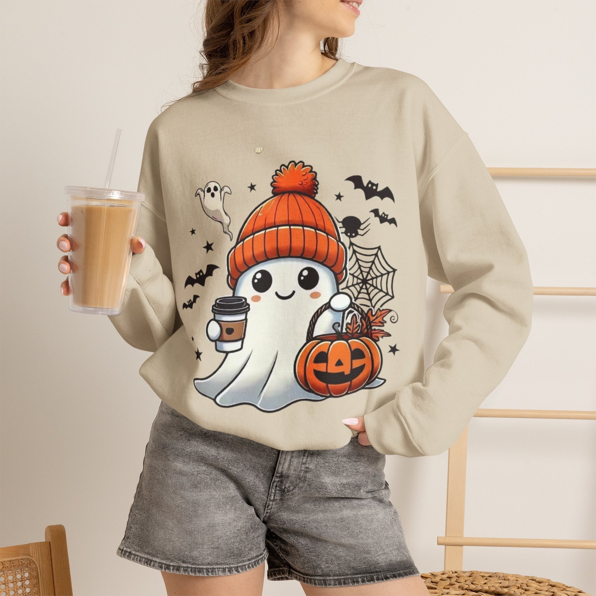 Cute Halloween Ghost Sweatshirt — Pumpkin, Bats & Coffee Graphic Crewneck