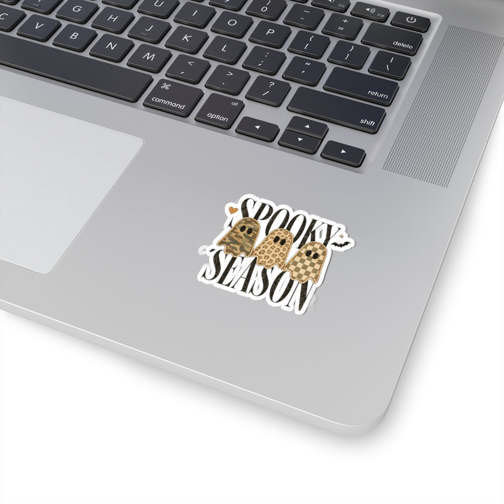 Spooky Season Ghosts Kiss-Cut Sticker — Neutral Camo & Checker Pattern Halloween Decal