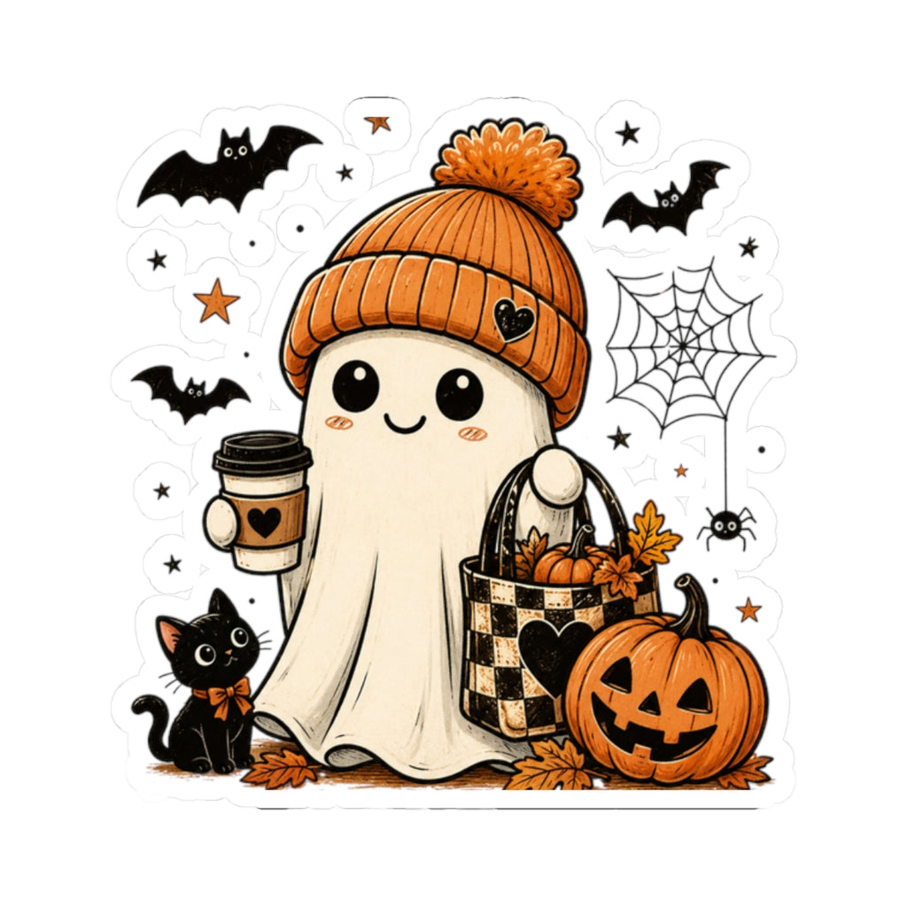 Halloween Ghost Sticker — Cute Autumn Pumpkin, Black Cat & Coffee Kiss-Cut Sticker