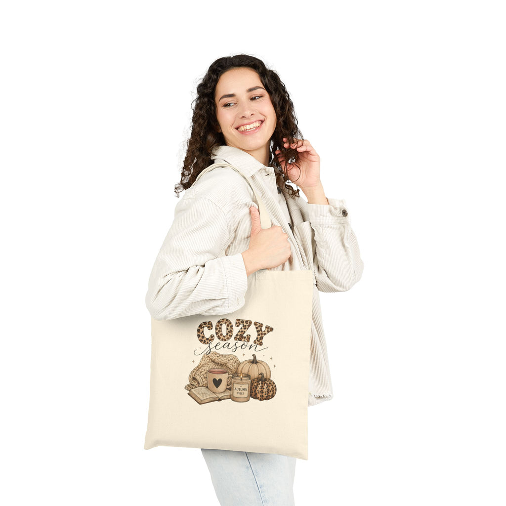 Cozy Season Canvas Tote Bag — Autumn Pumpkin & Candle Farmhouse Market Bag