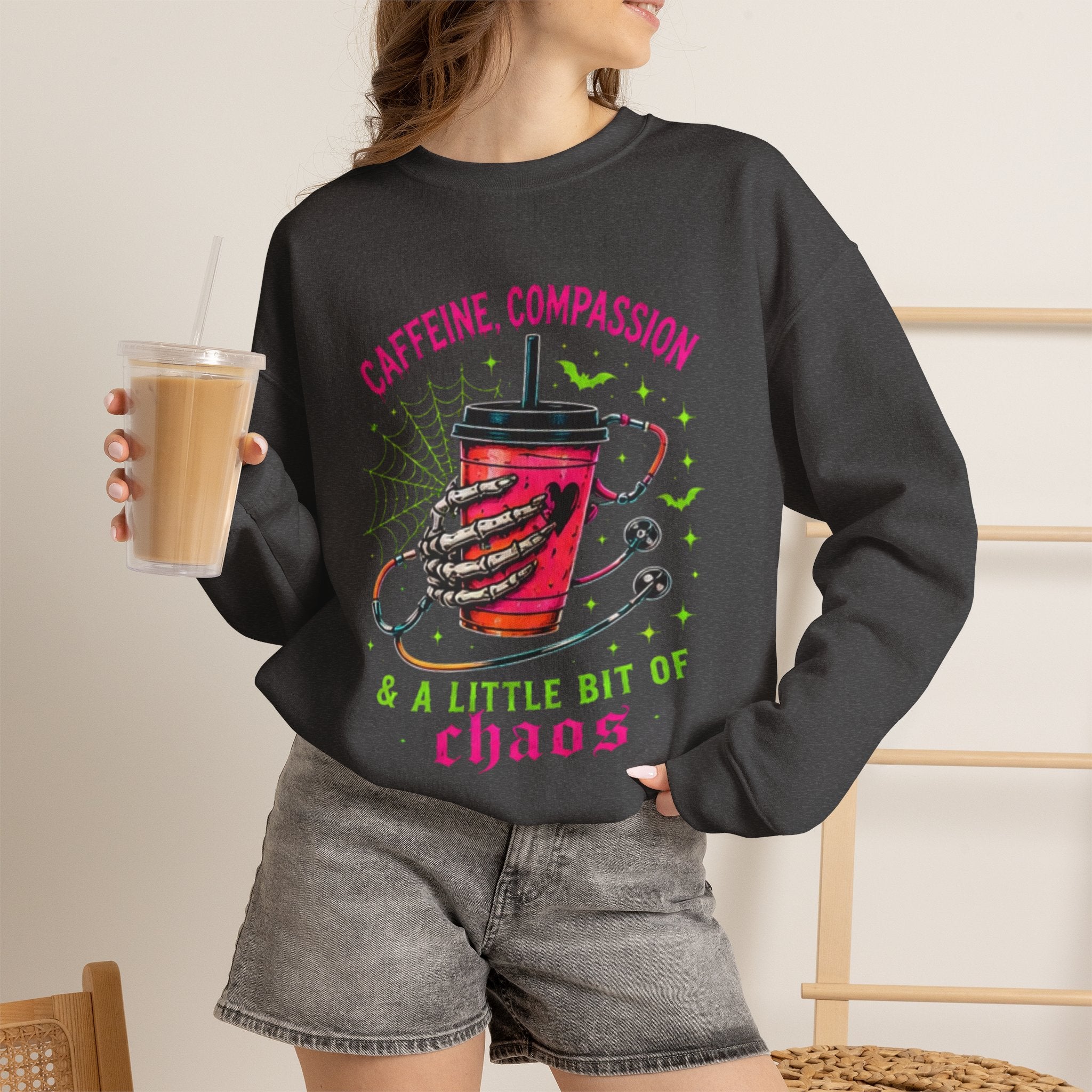 Caffeine, Compassion & A Little Bit of Chaos Crewneck Sweatshirt
