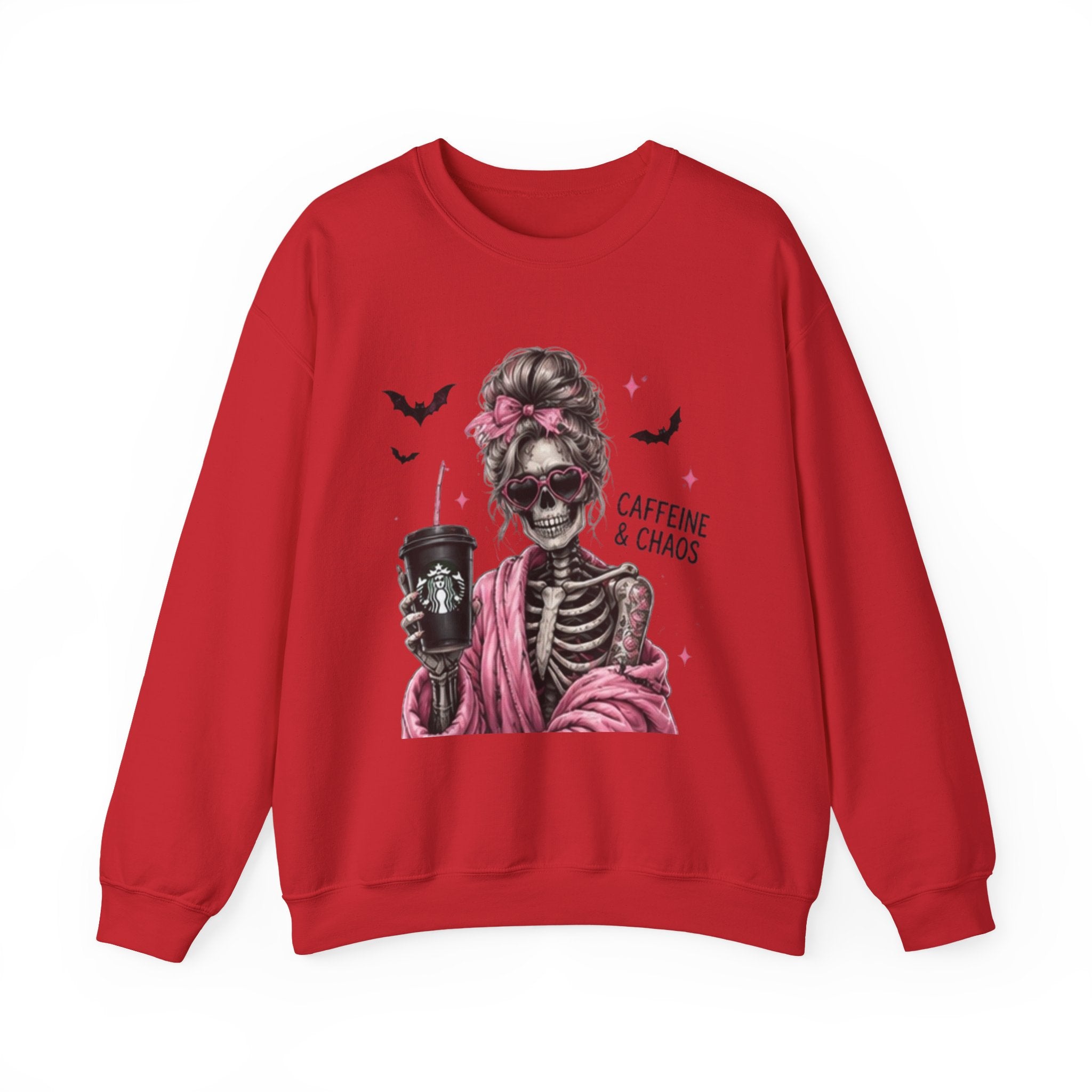 Caffeine & Chaos Skeleton Sweatshirt — Coffee Lover Goth Crewneck