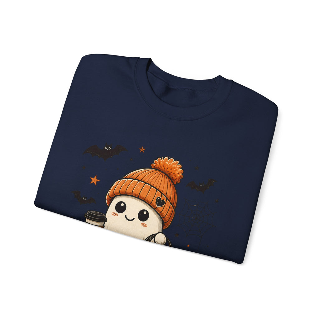 Halloween Ghost Sweatshirt — Cute Ghost with Pumpkin, Black Cat & Coffee