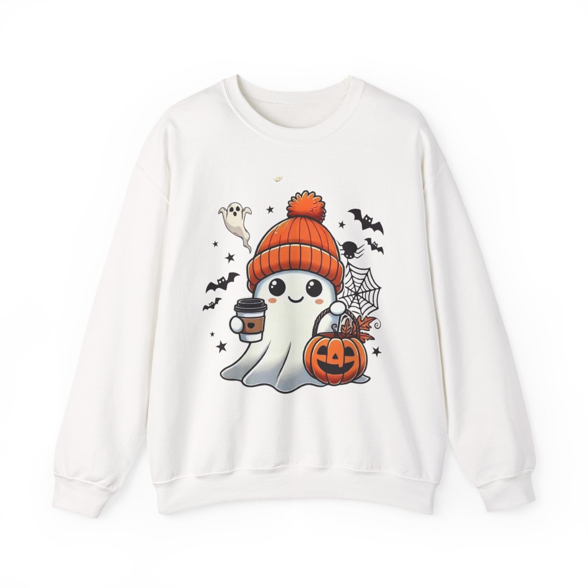 Cute Halloween Ghost Sweatshirt — Pumpkin, Bats & Coffee Graphic Crewneck
