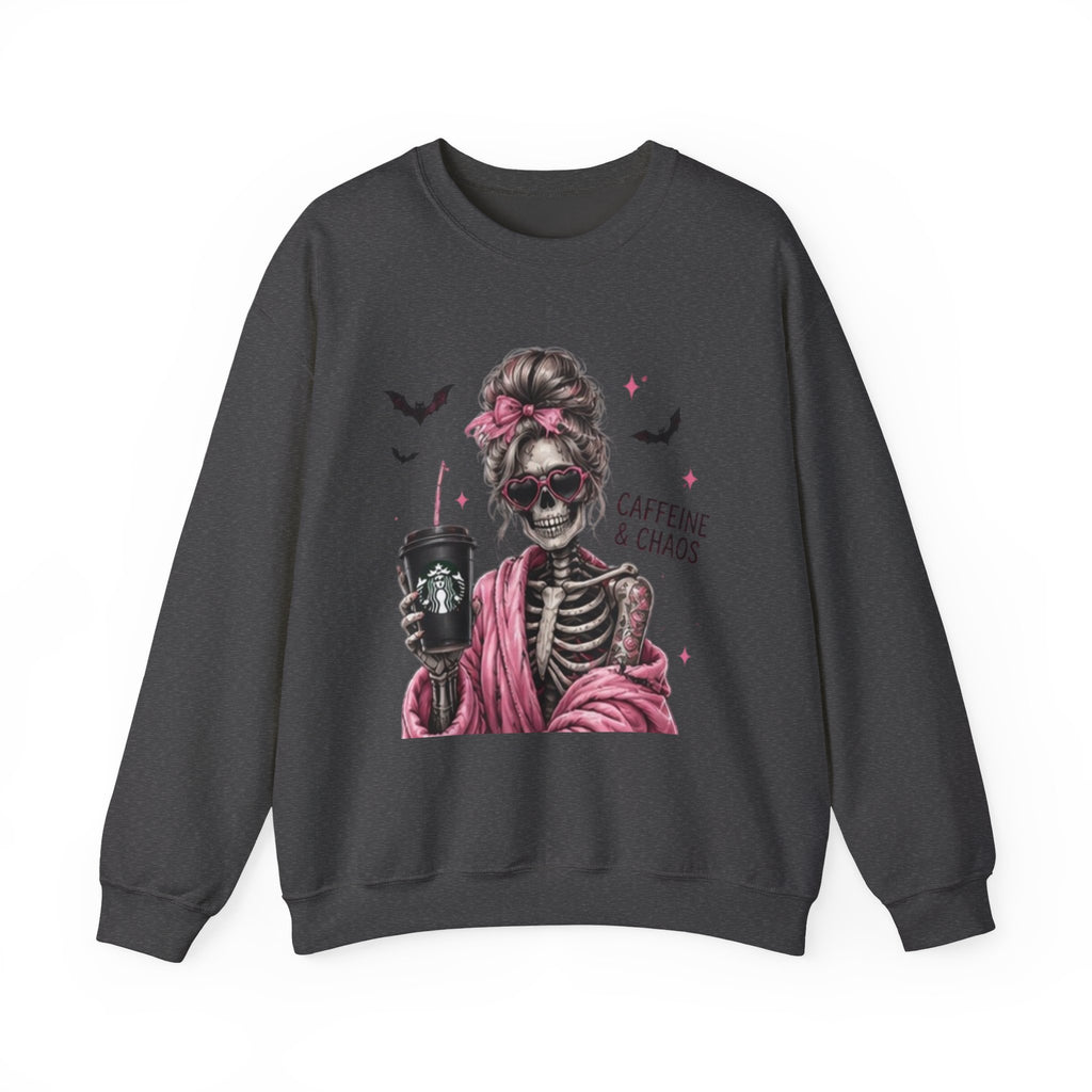 Caffeine & Chaos Skeleton Sweatshirt — Coffee Lover Goth Crewneck