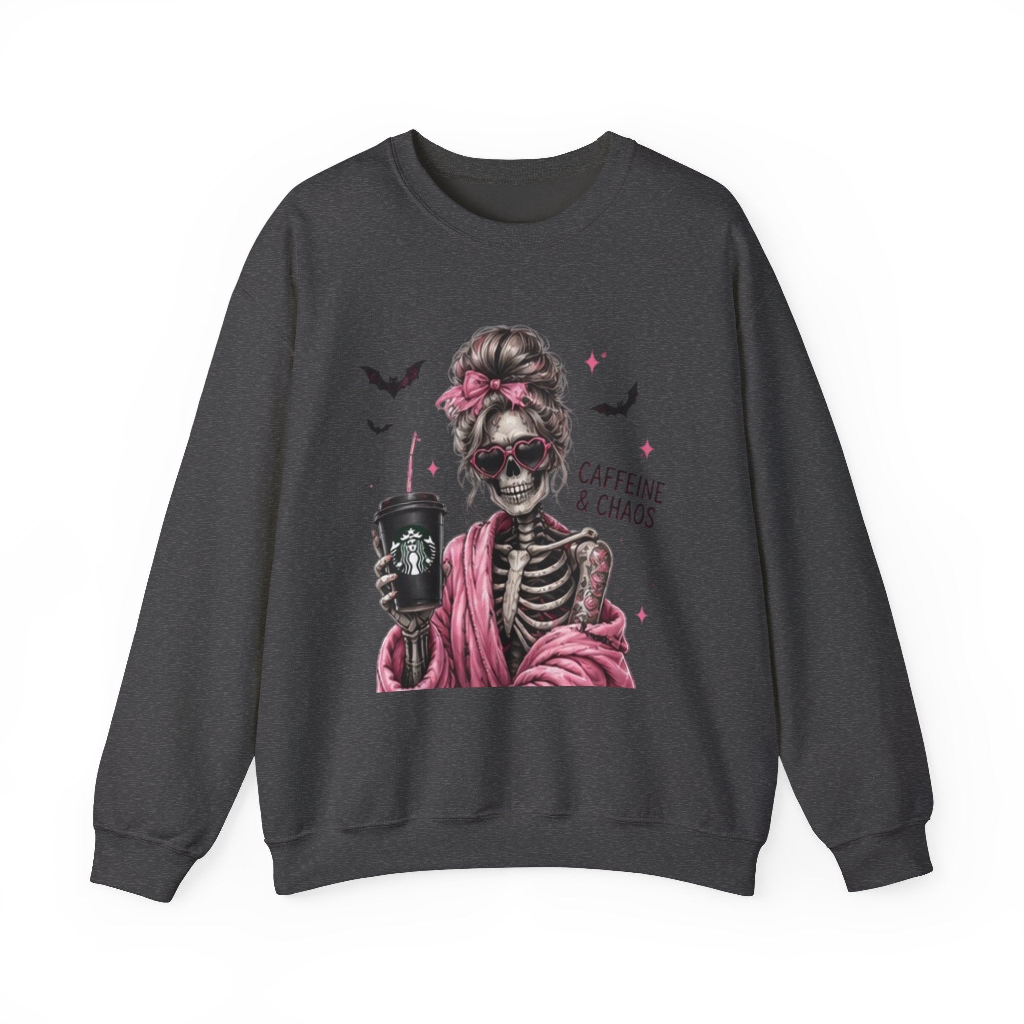 Caffeine & Chaos Skeleton Sweatshirt — Coffee Lover Goth Crewneck