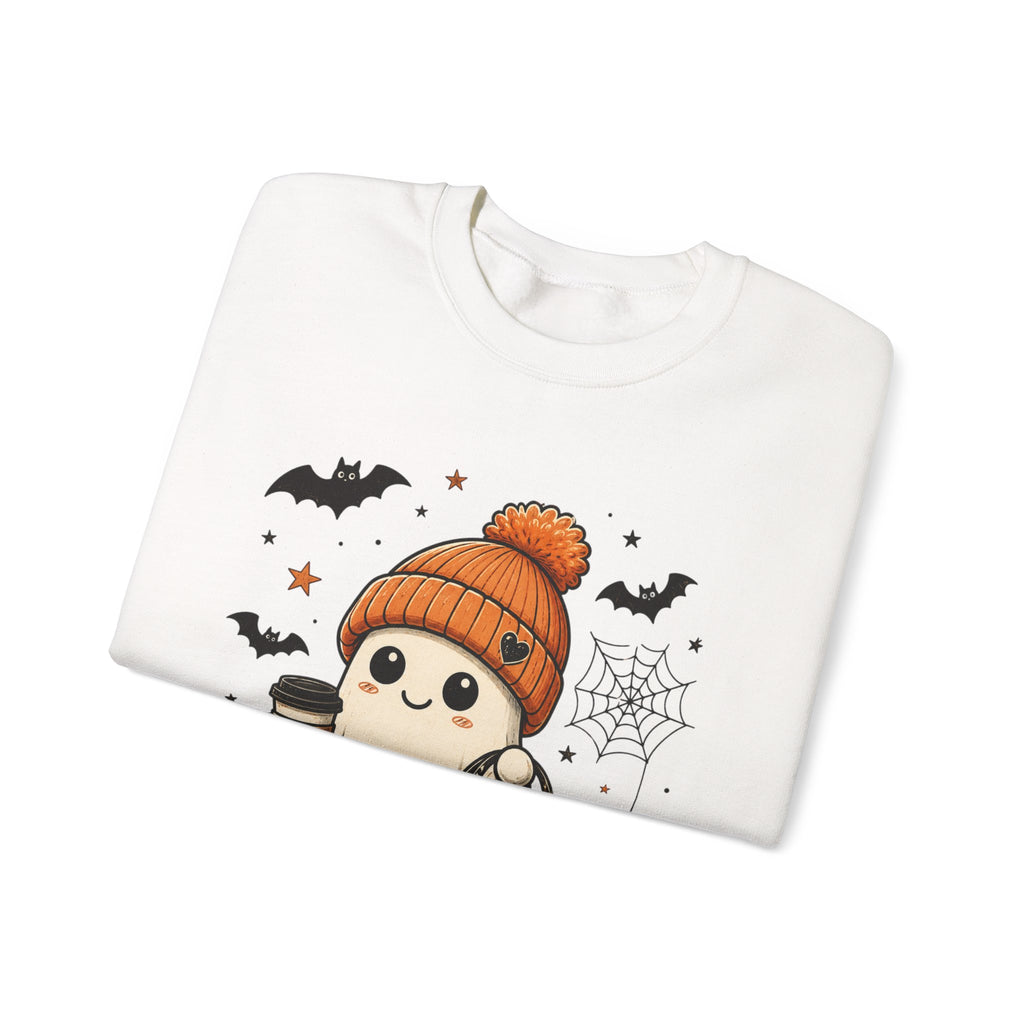 Halloween Ghost Sweatshirt — Cute Ghost with Pumpkin, Black Cat & Coffee